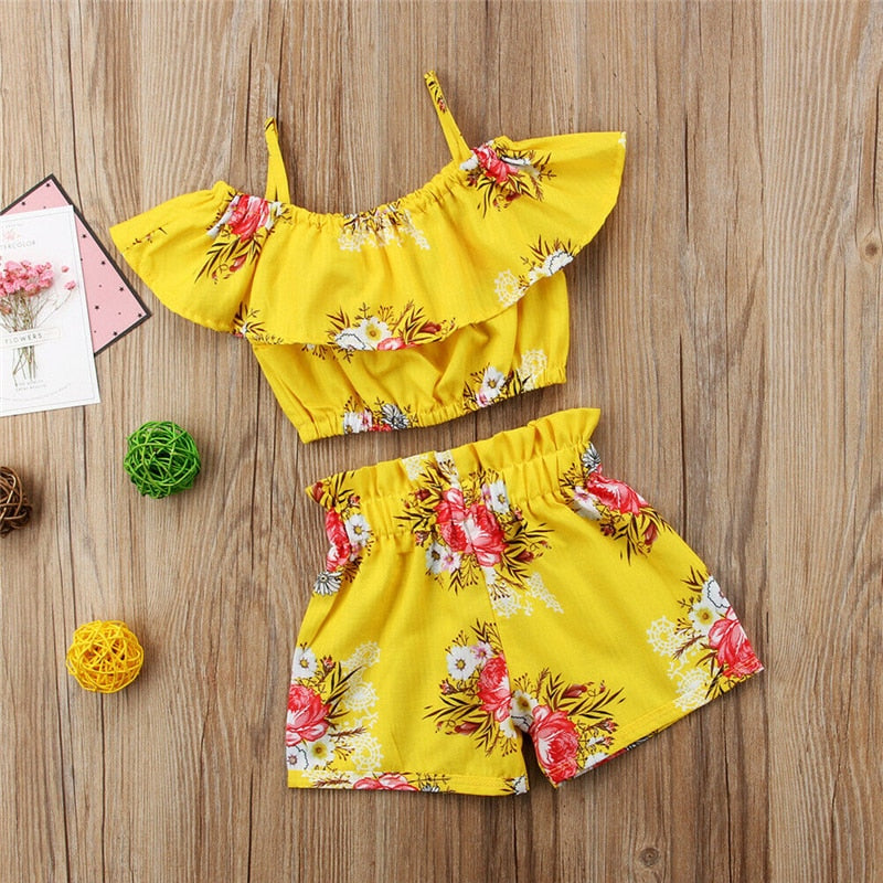 Hot 2pcs Clothes Set Summer Toddler Baby Girls Print Floral Ruffle Crop Tops T-shirt Shorts Pants Kids Outfits 1-6Y