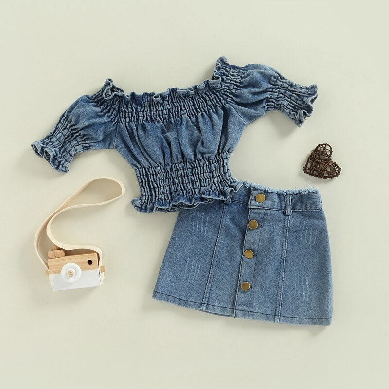 Trudi Girls off the shoulder Two Piece denim skirt Set elastic detail.