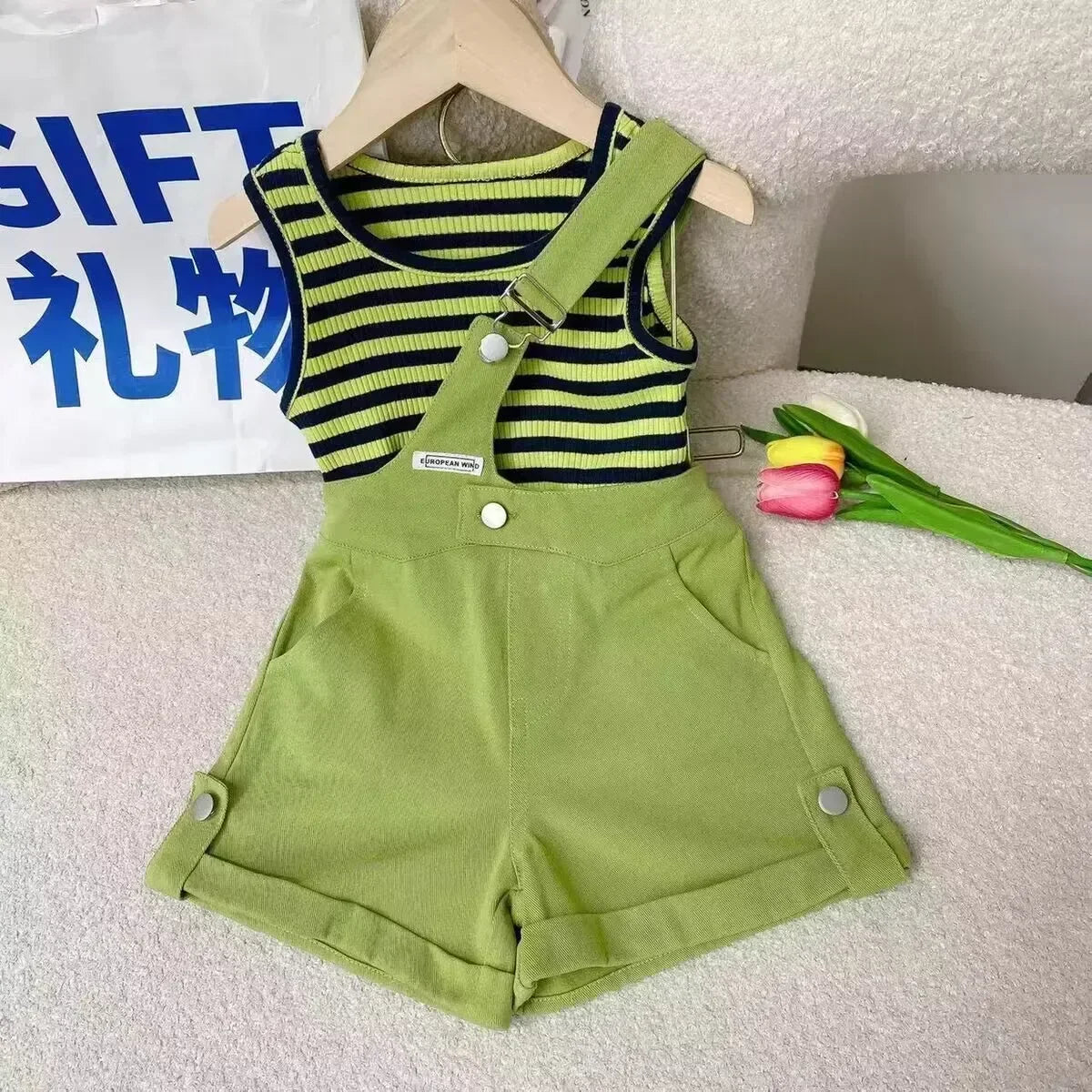 Jordan fashion kids girls suspender suits  new striped vest tops baby girl shorts 2pcs clothing  sets