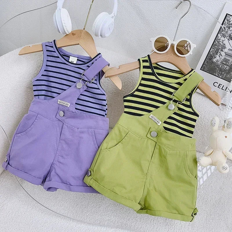 Jordan fashion kids girls suspender suits  new striped vest tops baby girl shorts 2pcs clothing  sets