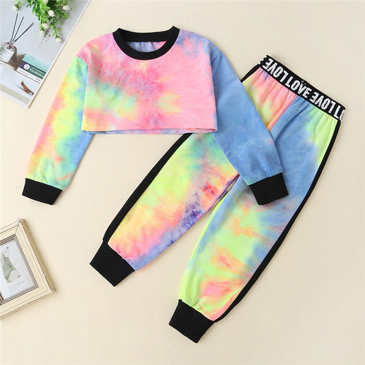 Tie dye Girls 2 piece Clothes Sets Tie Dye Print Crop Tops T-Shirts+Letter Pants Children Clothing Spring Autumn Kids Teen Clothes Sets