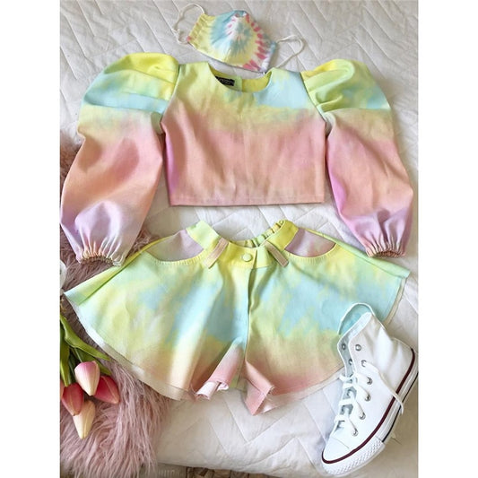 Naz new Arrival Girls Fashion Clothes Set 2 Pieces Suit Tie-Dye Printed Long Sleeve T Shirts Tops Shorts Kids Sets Girls Clothes