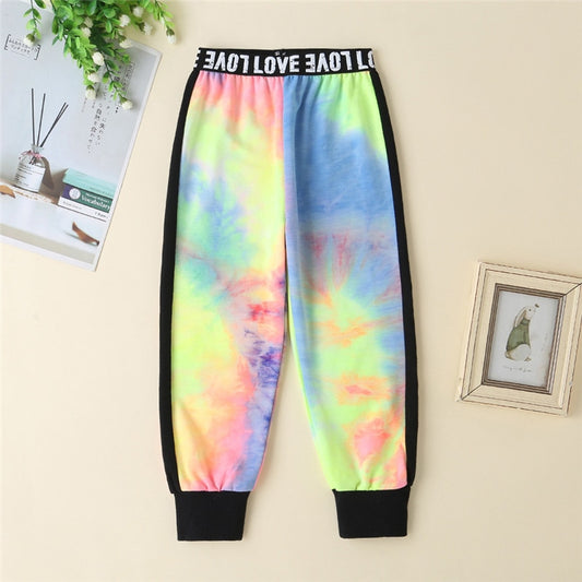 Tie dye Girls 2 piece Clothes Sets Tie Dye Print Crop Tops T-Shirts+Letter Pants Children Clothing Spring Autumn Kids Teen Clothes Sets