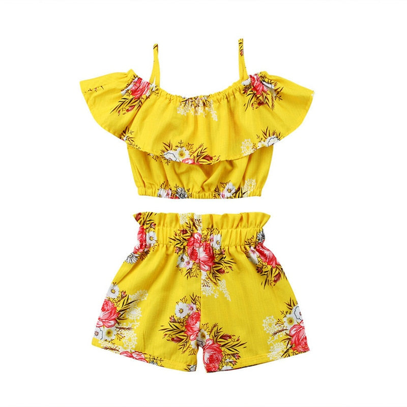 Hot 2pcs Clothes Set Summer Toddler Baby Girls Print Floral Ruffle Crop Tops T-shirt Shorts Pants Kids Outfits 1-6Y