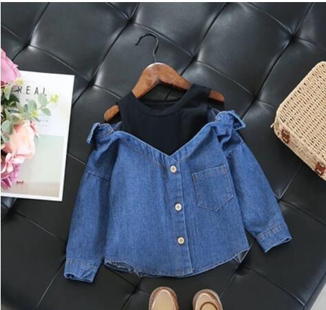 Little Girls blouse shirt casual tops fall toddler baby girls denim shoulderless long sleeve school girls tops for 2-7 Years