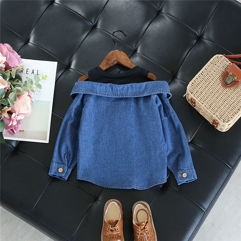 Little Girls blouse shirt casual tops fall toddler baby girls denim shoulderless long sleeve school girls tops for 2-7 Years