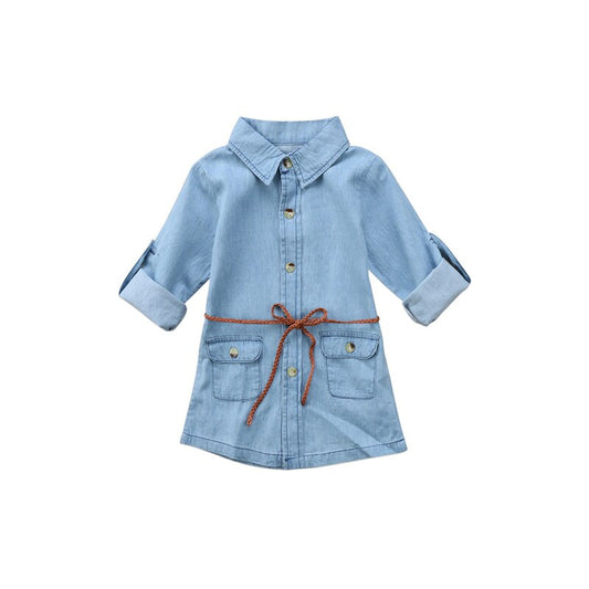 Faith Girls fashion Lovely Long Sleeve Turn-Down Collar Sashes Denim Knee-Length Princess Dress Outfit Autumn 2-7Y