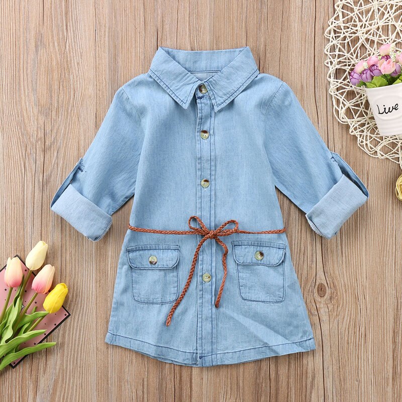 Faith Girls fashion Lovely Long Sleeve Turn-Down Collar Sashes Denim Knee-Length Princess Dress Outfit Autumn 2-7Y