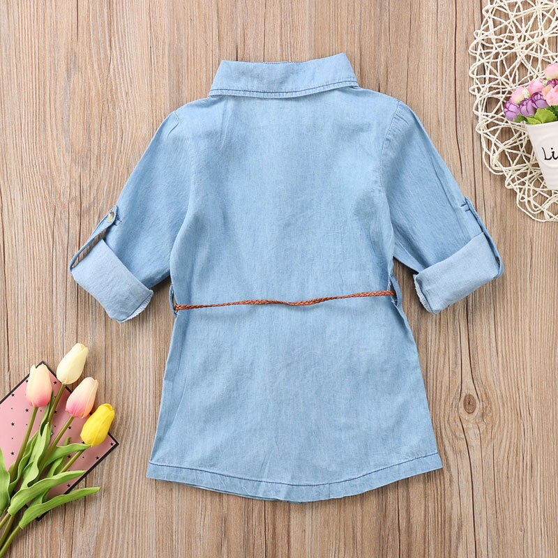 Faith Girls fashion Lovely Long Sleeve Turn-Down Collar Sashes Denim Knee-Length Princess Dress Outfit Autumn 2-7Y