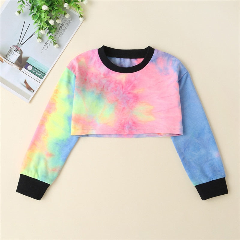 Tie dye Girls 2 piece Clothes Sets Tie Dye Print Crop Tops T-Shirts+Letter Pants Children Clothing Spring Autumn Kids Teen Clothes Sets