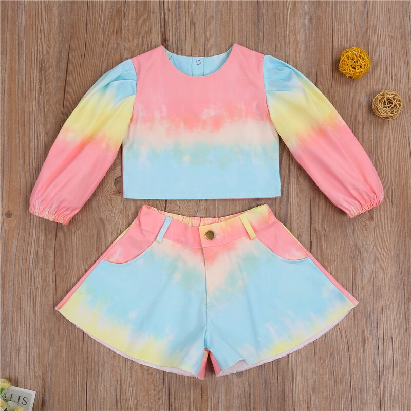 Naz new Arrival Girls Fashion Clothes Set 2 Pieces Suit Tie-Dye Printed Long Sleeve T Shirts Tops Shorts Kids Sets Girls Clothes