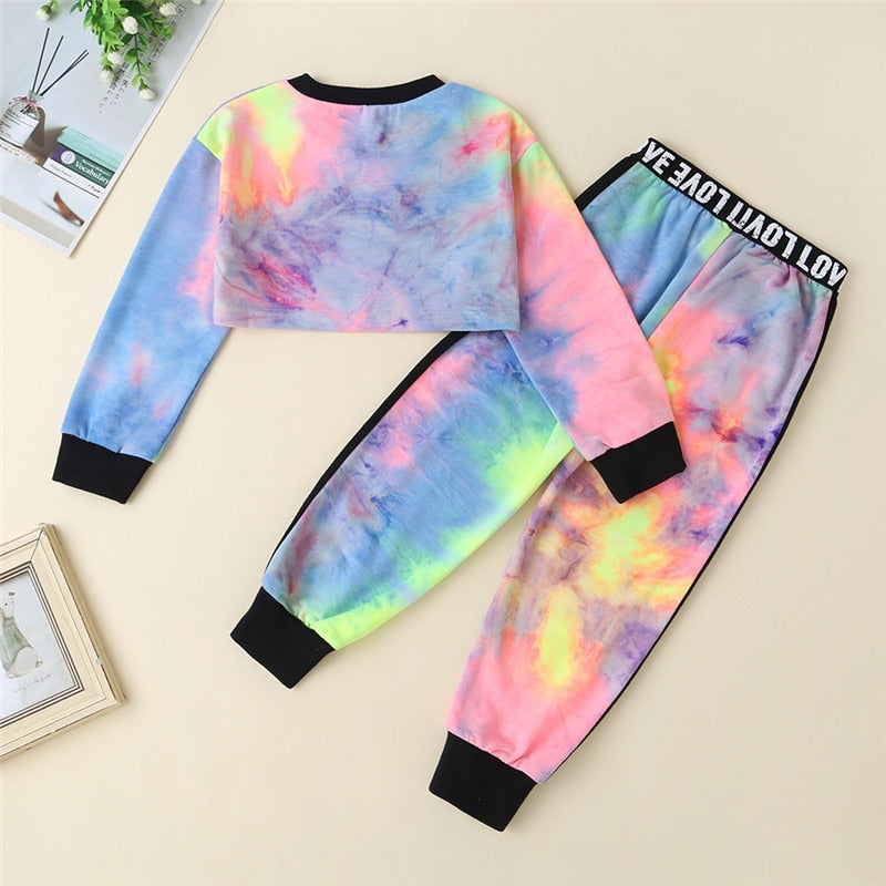 Tie dye Girls 2 piece Clothes Sets Tie Dye Print Crop Tops T-Shirts+Letter Pants Children Clothing Spring Autumn Kids Teen Clothes Sets