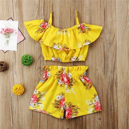 Hot 2pcs Clothes Set Summer Toddler Baby Girls Print Floral Ruffle Crop Tops T-shirt Shorts Pants Kids Outfits 1-6Y