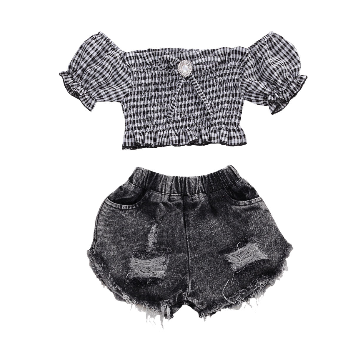 Bailey Girls Clothes Sets Short Sleeve Off Shoulder Plaid T-Shirts Tops Denim Shorts 2pcs For 2-9Y Summer Toddler Fashion Clothes