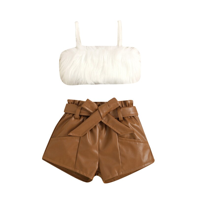 Lexus girls 2 piece PU leather shorts and fur vest top