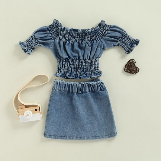 Trudi Girls off the shoulder Two Piece denim skirt Set elastic detail.